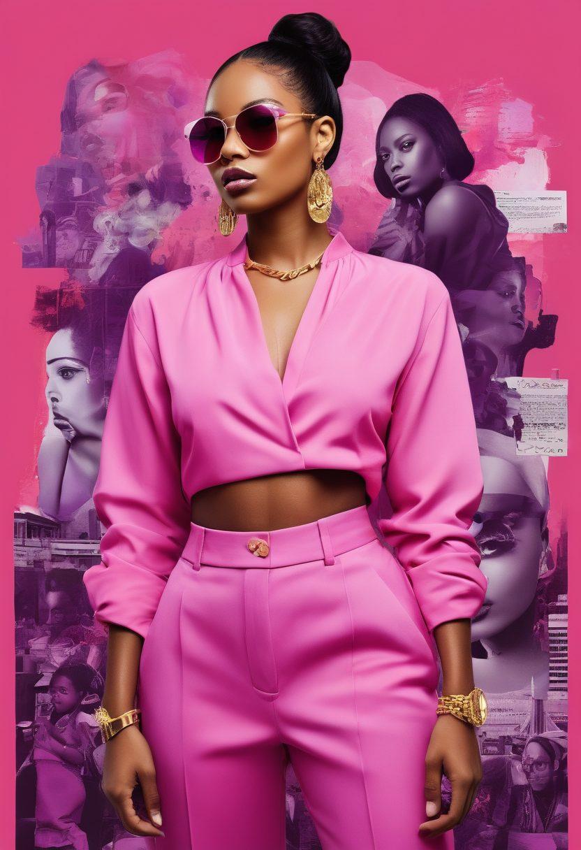 A dynamic collage of diverse women showcasing the latest empowering fashion trends, surrounded by vibrant fabrics and accessories that symbolize strength and confidence. The background features empowering quotes and illustrations of a modern, urban landscape. Use a color palette that embodies femininity and strength, with bold pinks, purples, and golds. super-realistic. vibrant colors. white background.