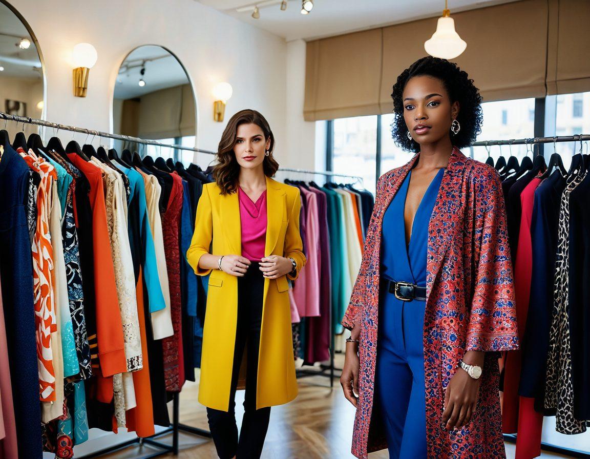 A stylish modern woman confidently showcasing a vibrant wardrobe filled with chic clothing, accessorized with trendy bags and shoes. The background features a stylish boutique setting with retro mirrors and colorful displays. Natural daylight streams through large windows, highlighting the textures and patterns of the fabrics. Include a diverse group of fashionable women sharing style tips, exuding empowerment and confidence. super-realistic. vibrant colors. soft-focus background.